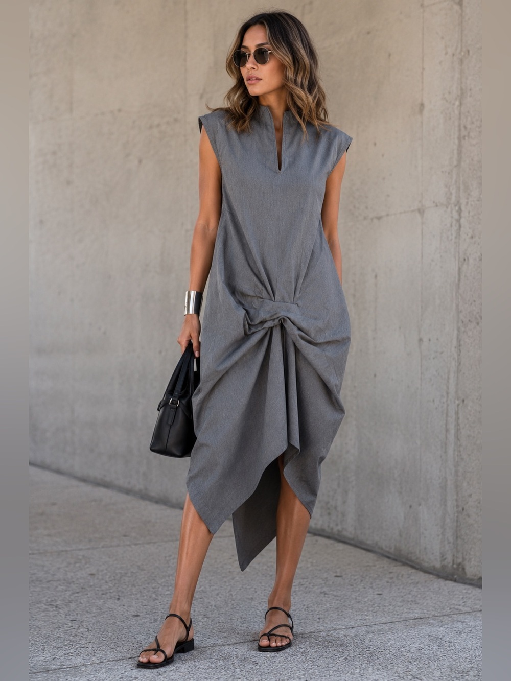 MAX.TAN Avant Garde Gray Draped Dress Size 36 Asymmetrical Designer Minimalist